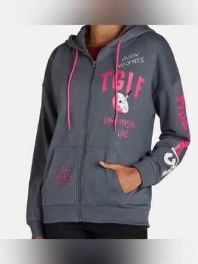 Friday the 13th 😱 Jason Voorhees TGIF Zip Hoodie Gray/Pink XXS Oversized